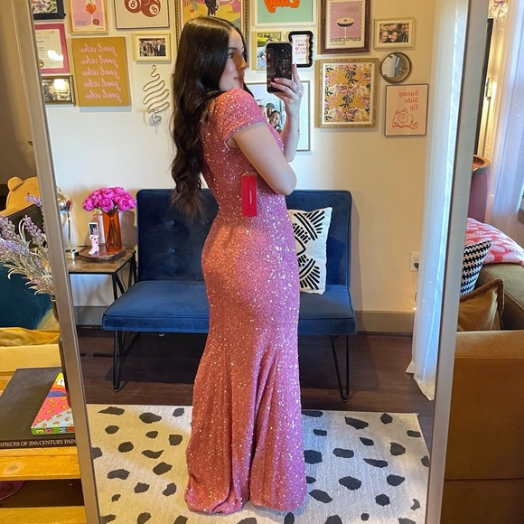 NEW Carmen Marc Valvo Pink Sequin Mermaid Gown - Picture 4 of 14